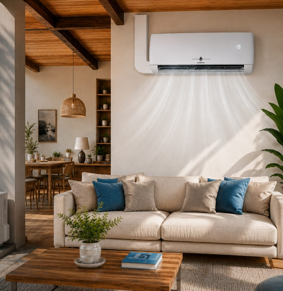 Climatiseur mural dans un salon lumineux avec coin repas